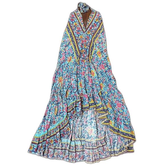 Boho Maxi Dress Blue Floral Flowy Halter Deep V Open Back Hi-Low Ruffle Gypsy - Picture 8 of 8